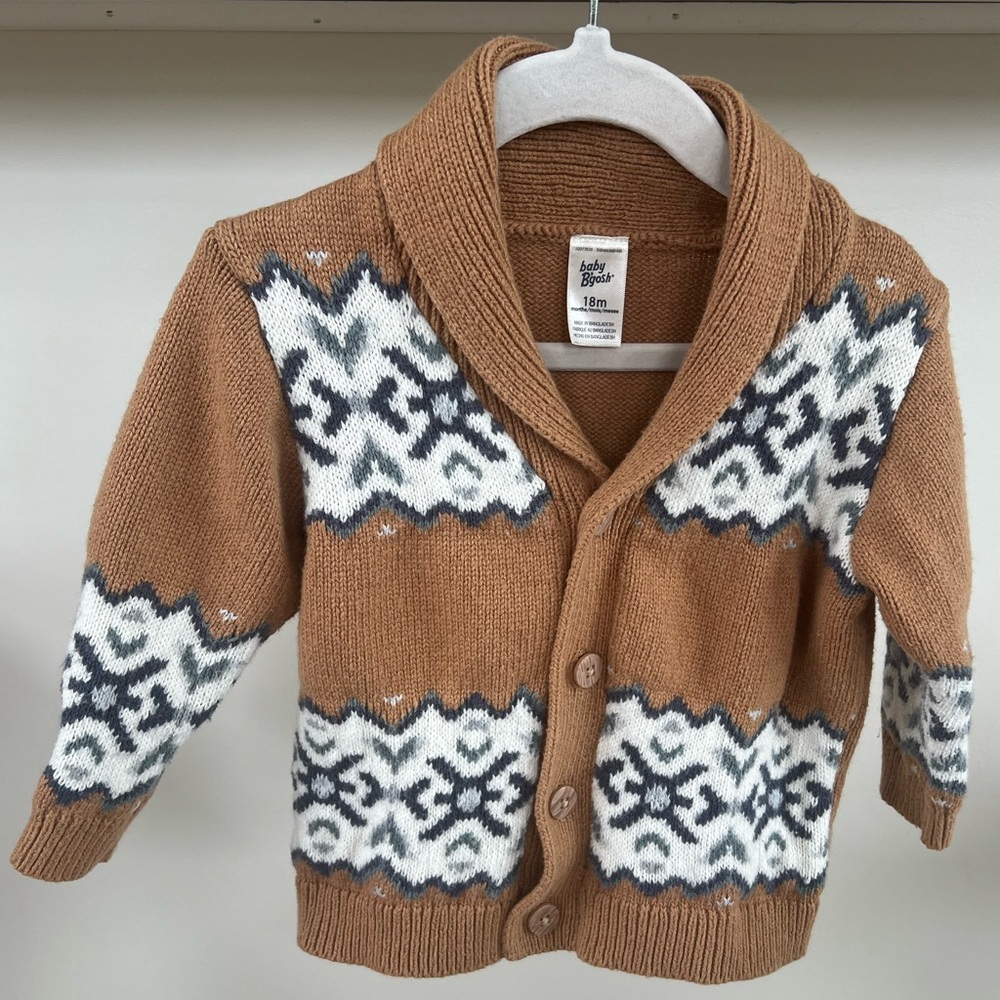 OshKosh B'gosh Camel Tan and White Fair Isle Cardigan Sweater - Boys 18 Months